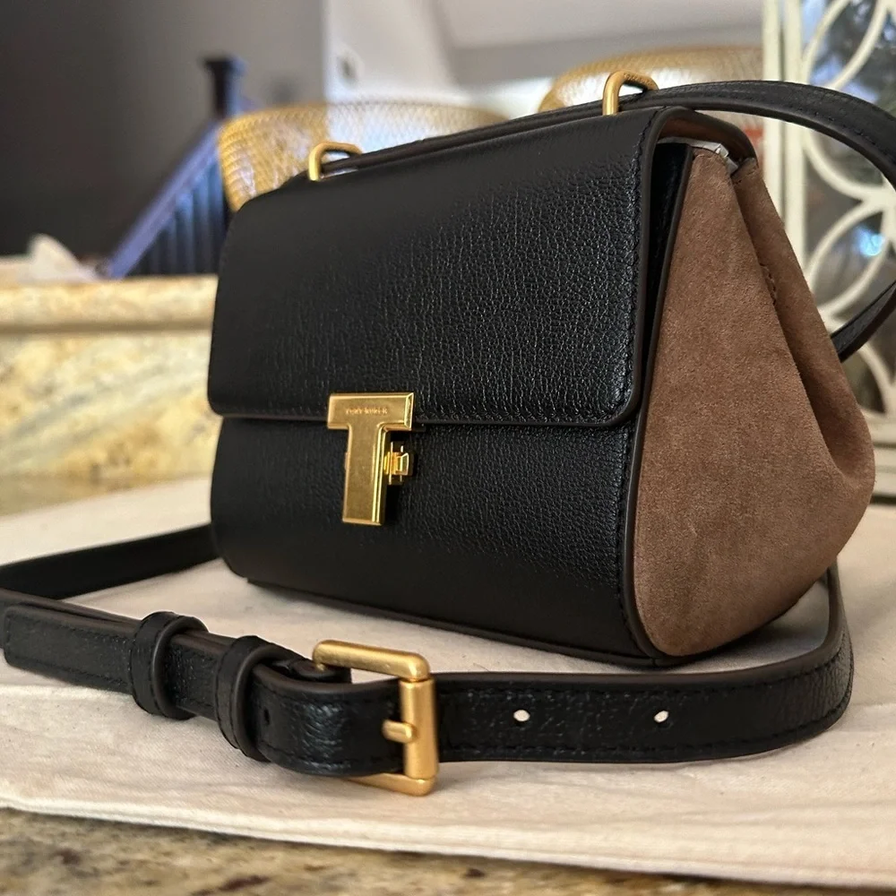 New Tory Burch Juliette Black Leather Brown Suede Women's Mini Bag